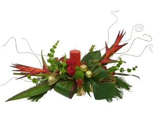 modern christmas centerpiece with tropical flowers